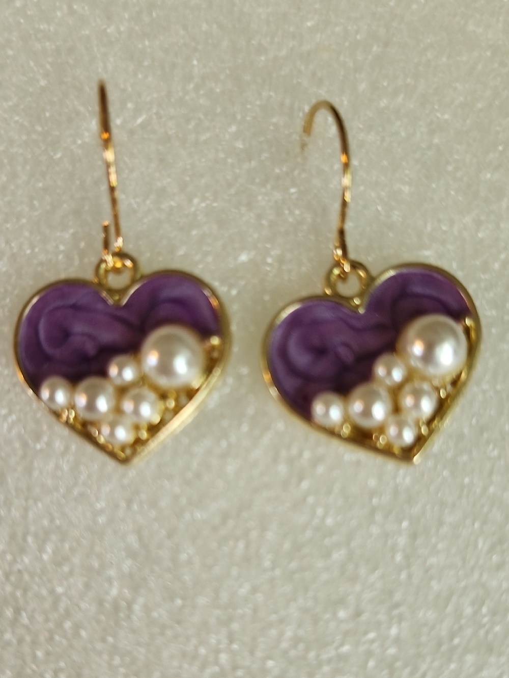 Hand Crafted Gold Heart Earrings with Purple Enamel and Pearl Accents